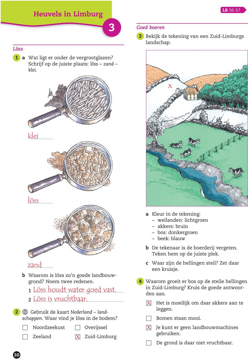 Teken hem op de juiste plek. c Waar zijn de hellingen steil? Zet daar een kruisje. zand b Waarom is löss zo n goede landbouwgrond? Noem twee redenen. Löss houdt water goed vast. Löss is vruchtbaar.