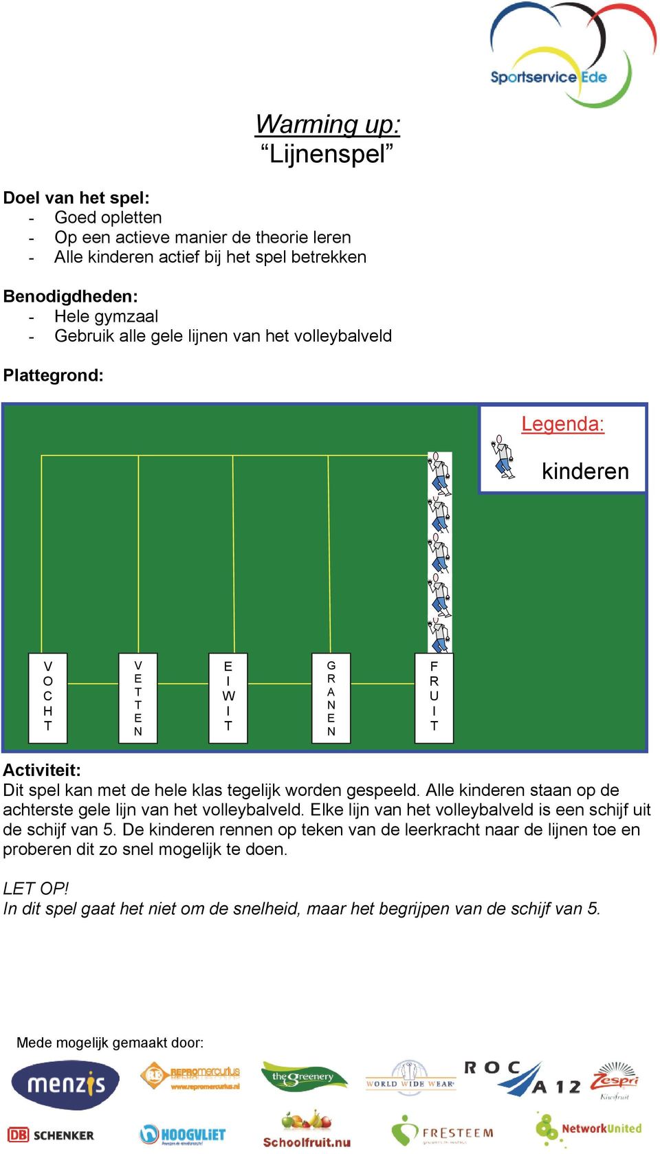 tegelijk worden gespeeld. Alle kinderen staan op de achterste gele lijn van het volleybalveld. Elke lijn van het volleybalveld is een schijf uit de schijf van 5.