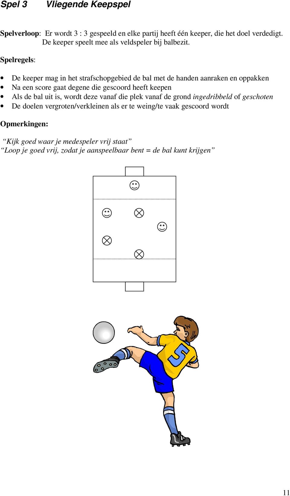 Spelregels: De keeper mag in het strafschopgebied de bal met de handen aanraken en oppakken Na een score gaat degene die gescoord heeft keepen Als