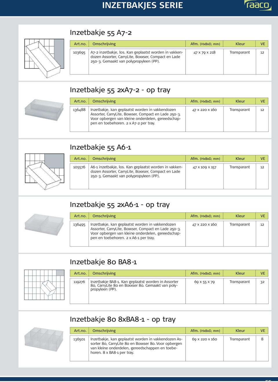 2 x A7-2 per tray. Inzetbakje 55 A6-1 105576 A6-1 inzetbakje, los.