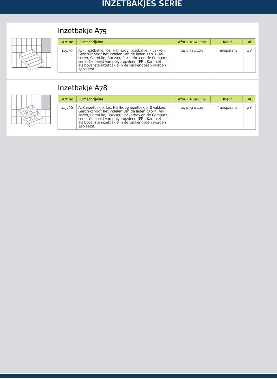 Gemaakt van polypropyleen Kan niet als bovenste inzetbakje in de vakkendozen worden geplaatst. Inzetbakje A78 115766 A78 inzetbakje, los.