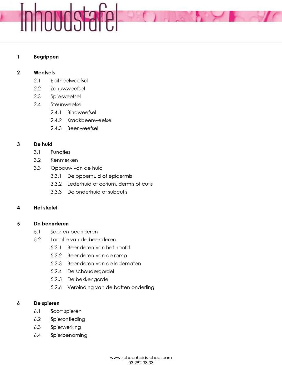 1 Soorten beenderen 5.2 Locatie van de beenderen 5.2.1 Beenderen van het hoofd 5.2.2 Beenderen van de romp 5.2.3 Beenderen van de ledematen 5.2.4 De schoudergordel 5.