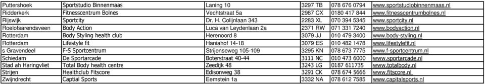 nl Rotterdam Body Styling health club Herenoord 8 3079 JJ 010 479 3400 www.body-styling.nl Rotterdam Lifestyle fit Haniahof 14-18 3079 ES 010 482 1478 www.lifestylefit.