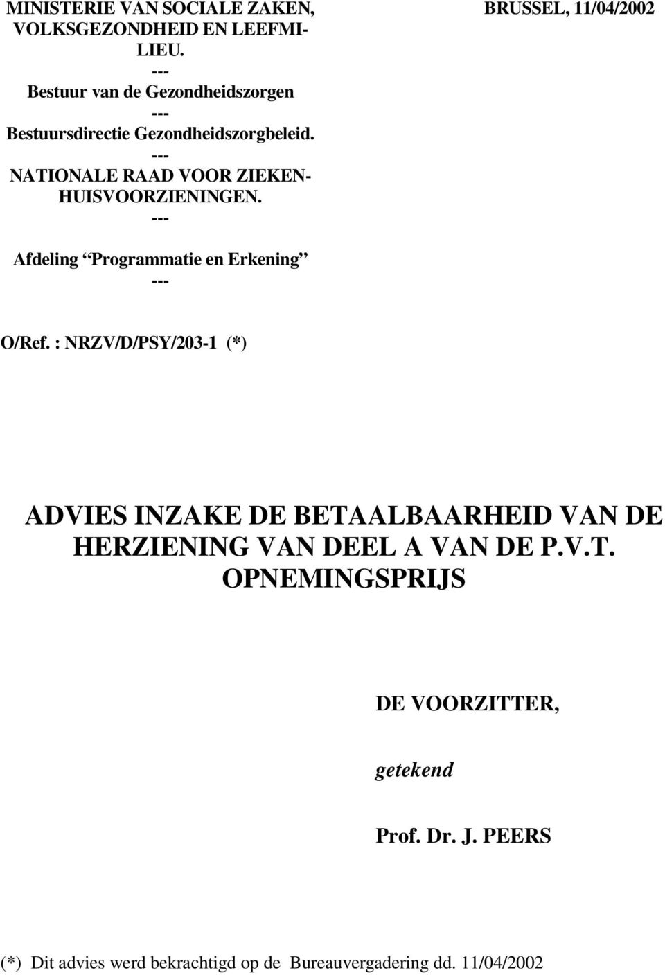 NATIONALE RAAD VOOR ZIEKEN- HUISVOORZIENINGEN. BRUSSEL, 11/04/2002 Afdeling Programmatie en Erkening O/Ref.