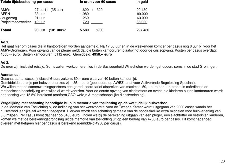 Voor opvang van de pleger geldt dat die buiten kantooruren plaatsvindt door de crisisopvang. Kosten per casus overdag: 4650.-- euro. Buiten kantooruren: 5112 euro. Gemiddeld: 4958,-- euro Ad 2.