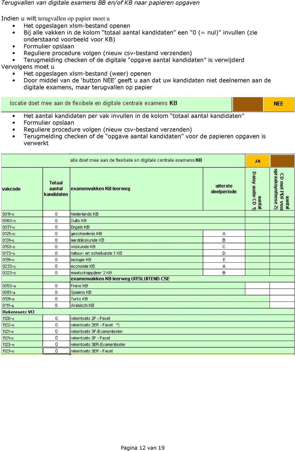 verwijderd Vervolgens moet u Het opgeslagen xlsm-bestand (weer) openen Door middel van de button NEE geeft u aan dat uw kandidaten niet deelnemen aan de digitale examens, maar terugvallen op papier