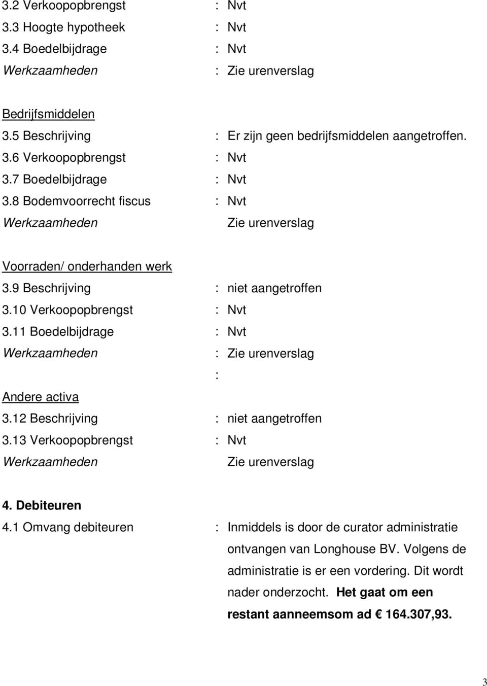 11 Boedelbijdrage : Nvt : : Andere activa 3.12 Beschrijving : niet aangetroffen 3.13 Verkoopopbrengst : Nvt 4. Debiteuren 4.