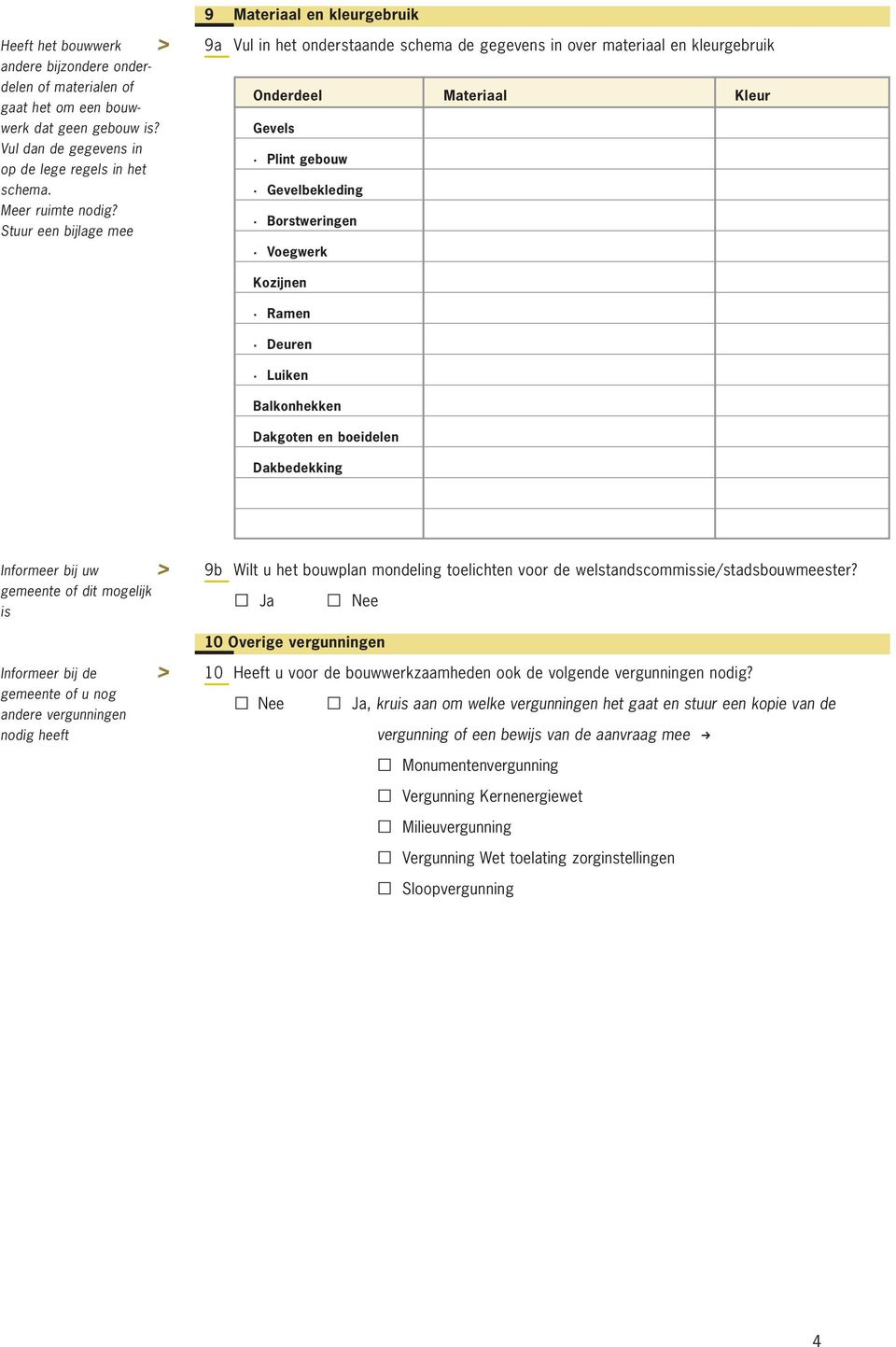 Borstweringen Voegwerk Kozijnen Ramen Deuren Luiken Balkonhekken Dakgoten en boeidelen Dakbedekking Informeer bij uw gemeente of dit mogelijk is 9b Wilt u het bouwplan mondeling toelichten voor de