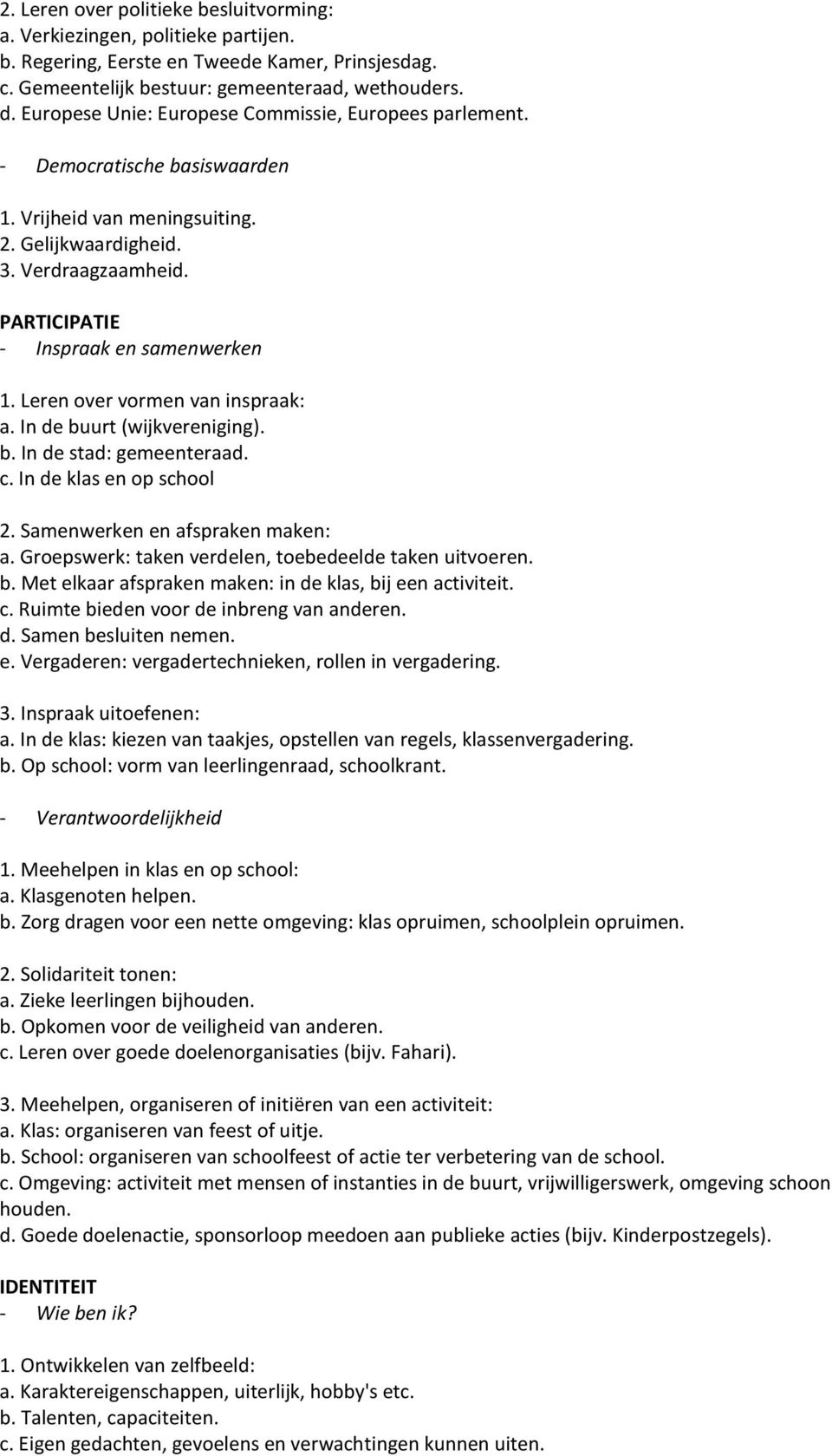 Leren over vormen van inspraak: a. In de buurt (wijkvereniging). b. In de stad: gemeenteraad. c. In de klas en op school 2. Samenwerken en afspraken maken: a.