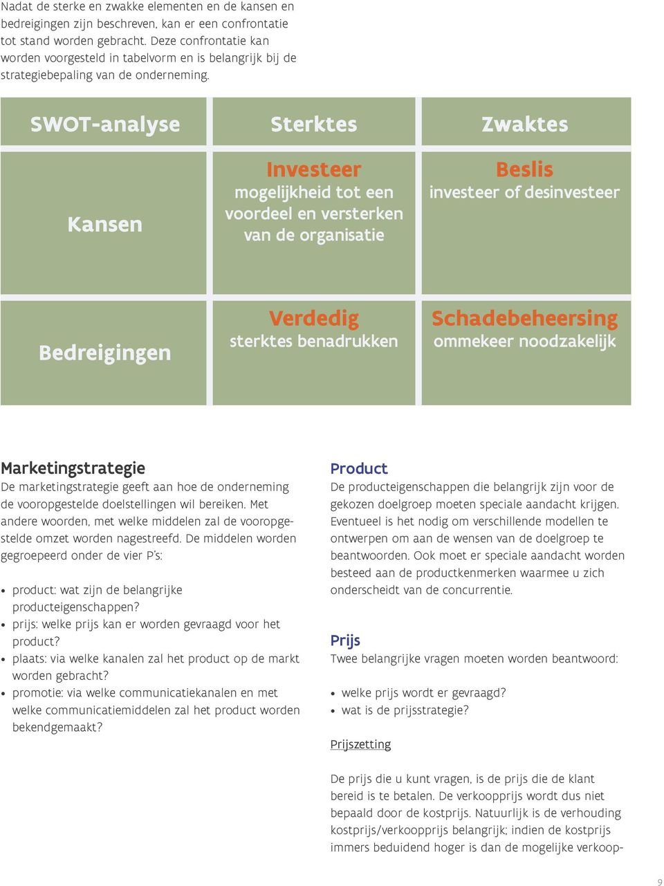 SWOT-analyse Sterktes Zwaktes Kansen Investeer mogelijkheid tot een voordeel en versterken van de organisatie Beslis investeer of desinvesteer Bedreigingen Verdedig sterktes benadrukken