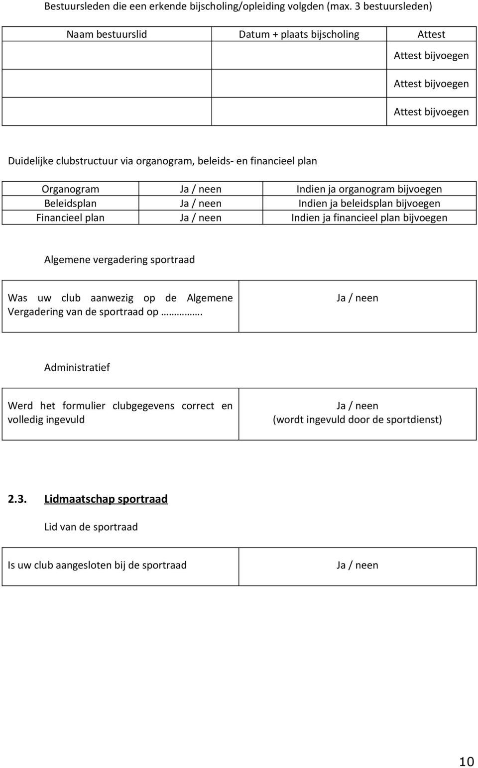 organogram bijvoegen Beleidsplan Ja / neen Indien ja beleidsplan bijvoegen Financieel plan Ja / neen Indien ja financieel plan bijvoegen Algemene vergadering sportraad Was uw