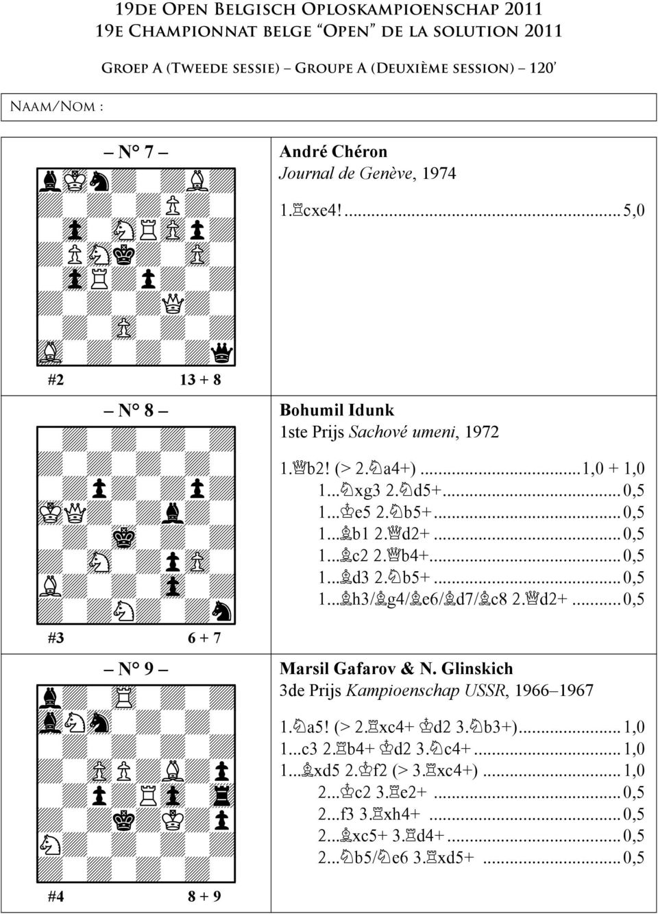 ...5,0 Bohumil Idunk 1ste Prijs Sachové umeni, 1972 1. b2! (> 2. a4+)...1,0 + 1,0 1... xg3 2. d5+...0,5 1... e5 2. b5+...0,5 1... b1 2. d2+...0,5 1... c2 2. b4+...0,5 1... d3 2. b5+...0,5 1... h3/ g4/ e6/ d7/ c8 2.
