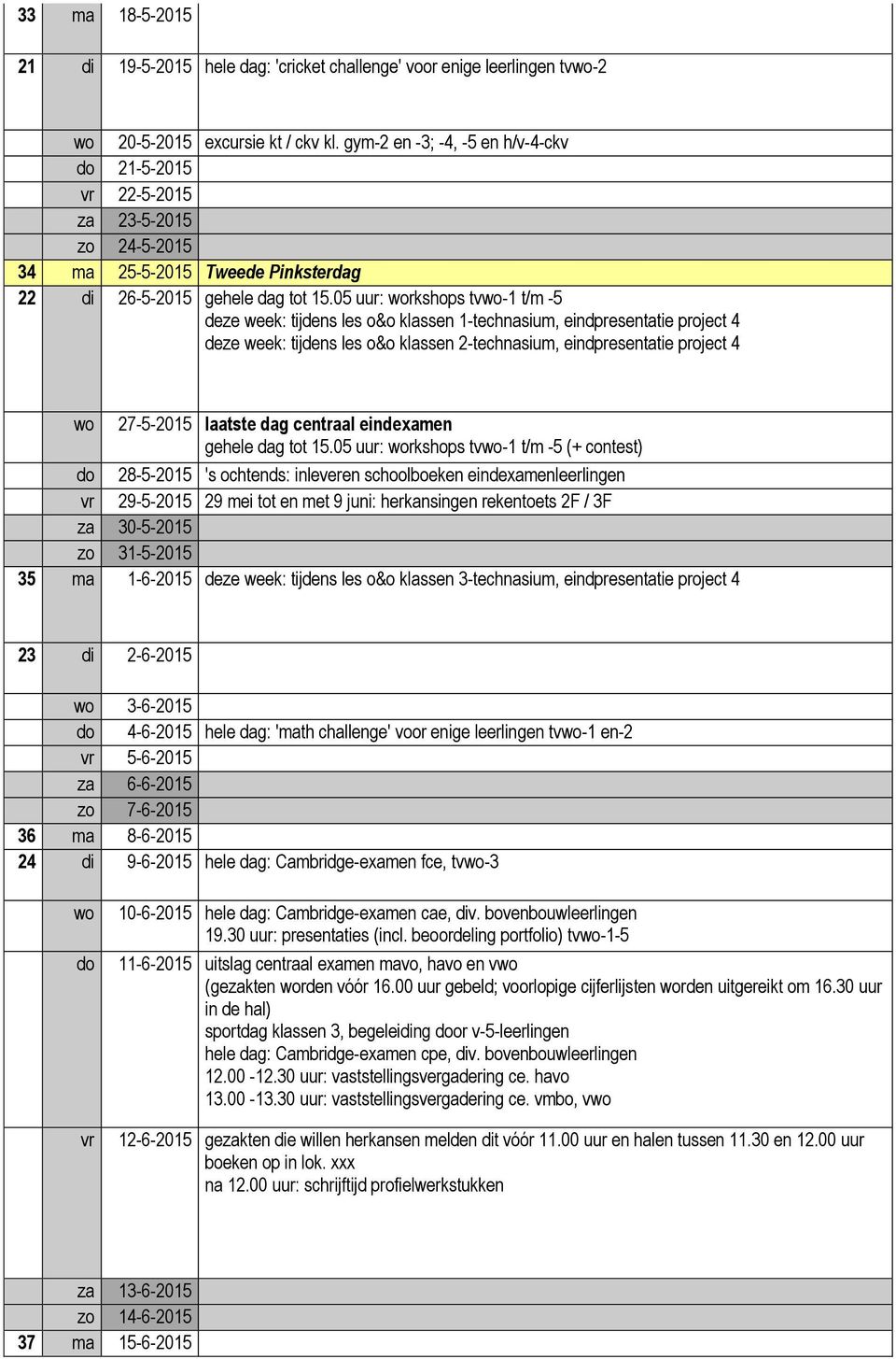 05 uur: rkshops tv-1 t/m -5 deze week: tijdens les o&o klassen 1-technasium, eindpresentatie project 4 deze week: tijdens les o&o klassen 2-technasium, eindpresentatie project 4 27-5-2015 laatste dag