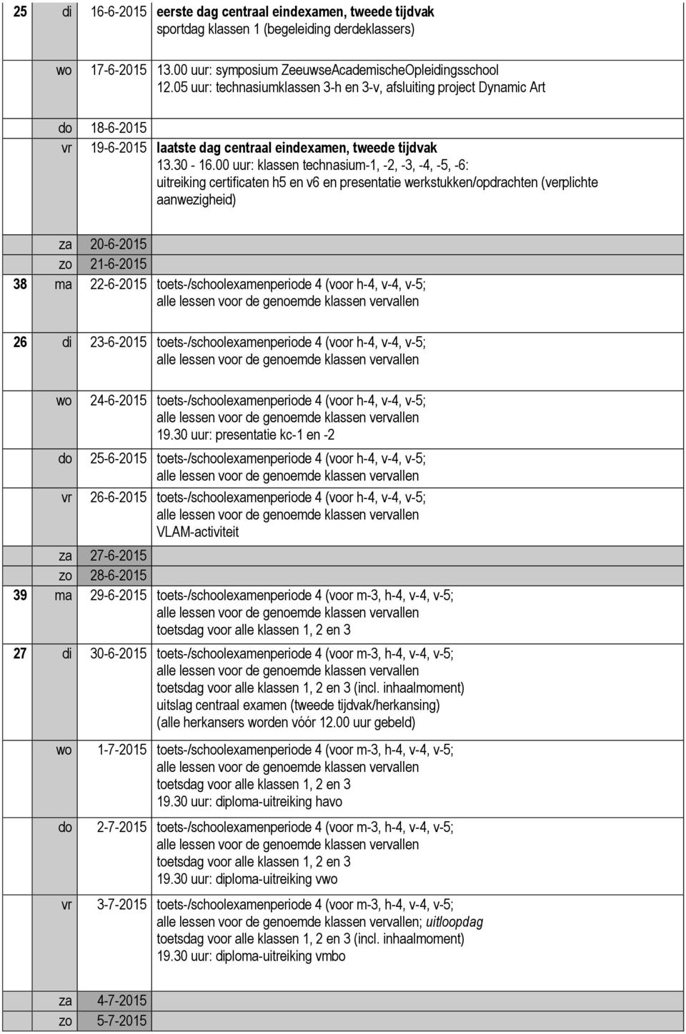 00 uur: klassen technasium-1, -2, -3, -4, -5, -6: uitreiking certificaten h5 en v6 en presentatie werkstukken/opdrachten (verplichte aanwezigheid) za 20-6-2015 zo 21-6-2015 38 ma 22-6-2015