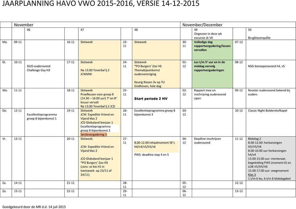 00 Toverbal lj 2 JCWMW 24- Slotweek *PO Burgers Zoo V6 Themabijeenkomst oudervereniging 01- Les t/m 5 e uur en in de middag vervolg rapportvergaderingen 08- NSG-beroepenavond h4, v5 Wo.