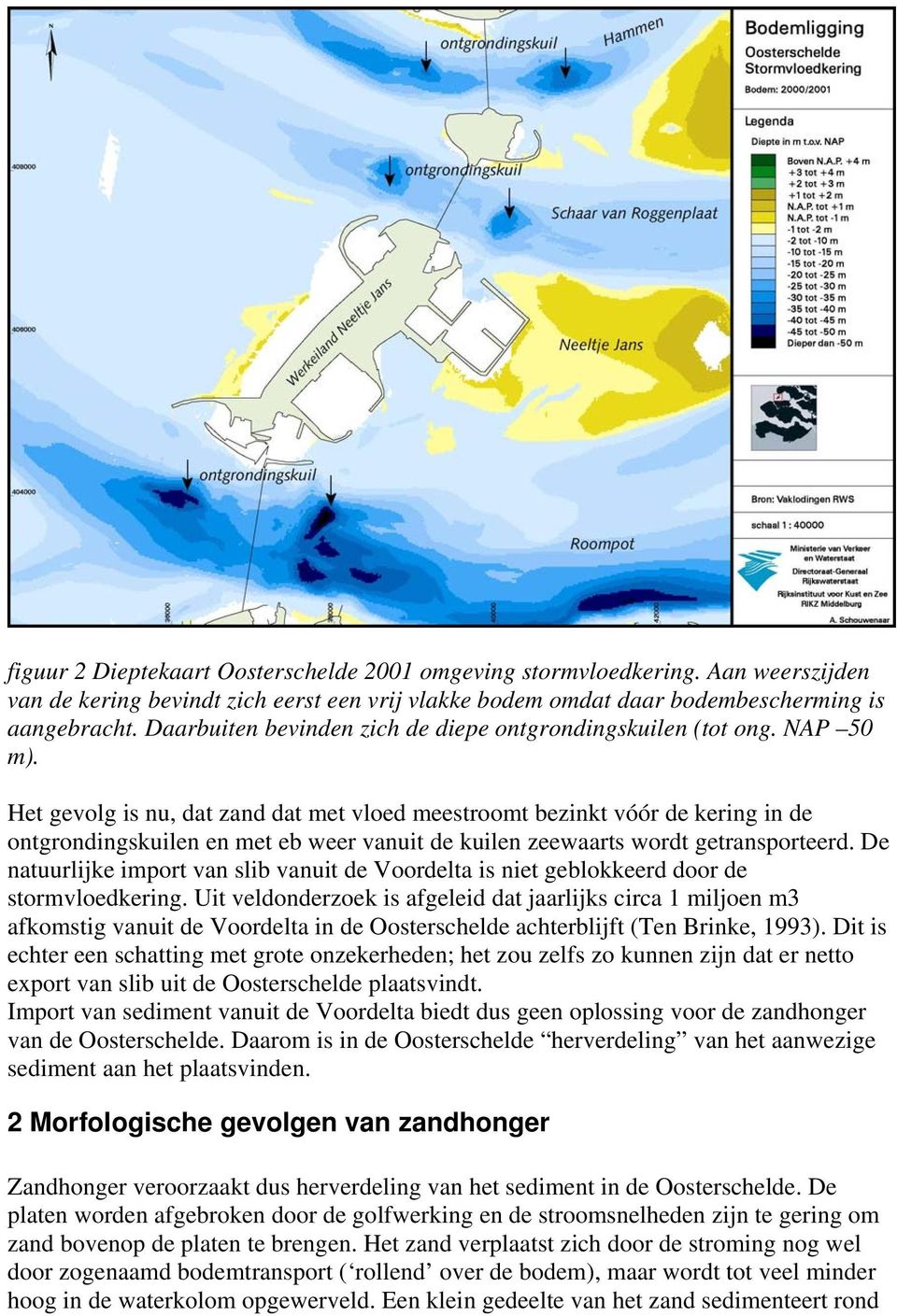 Het gevolg is nu, dat zand dat met vloed meestroomt bezinkt vóór de kering in de ontgrondingskuilen en met eb weer vanuit de kuilen zeewaarts wordt getransporteerd.