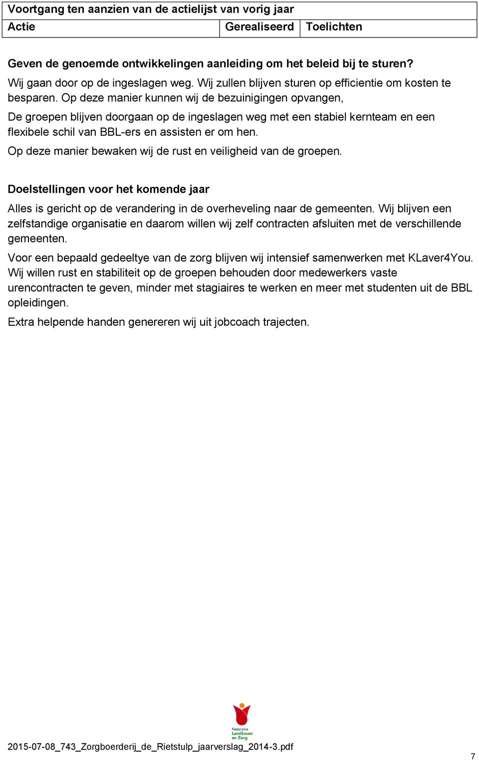 Op deze manier kunnen wij de bezuinigingen opvangen, De groepen blijven doorgaan op de ingeslagen weg met een stabiel kernteam en een flexibele schil van BBL-ers en assisten er om hen.