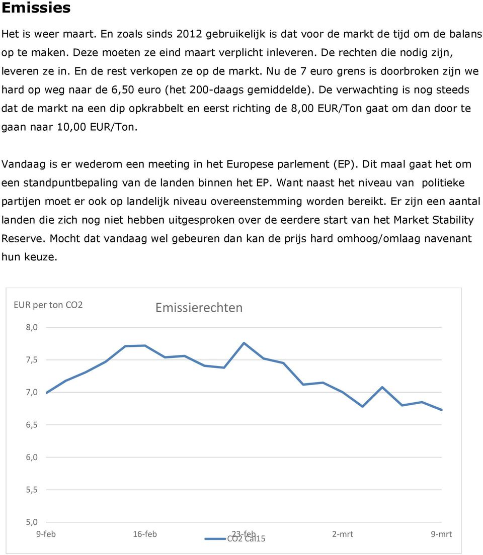 De verwachting is nog steeds dat de markt na een dip opkrabbelt en eerst richting de 8,00 EUR/Ton gaat om dan door te gaan naar 10,00 EUR/Ton.