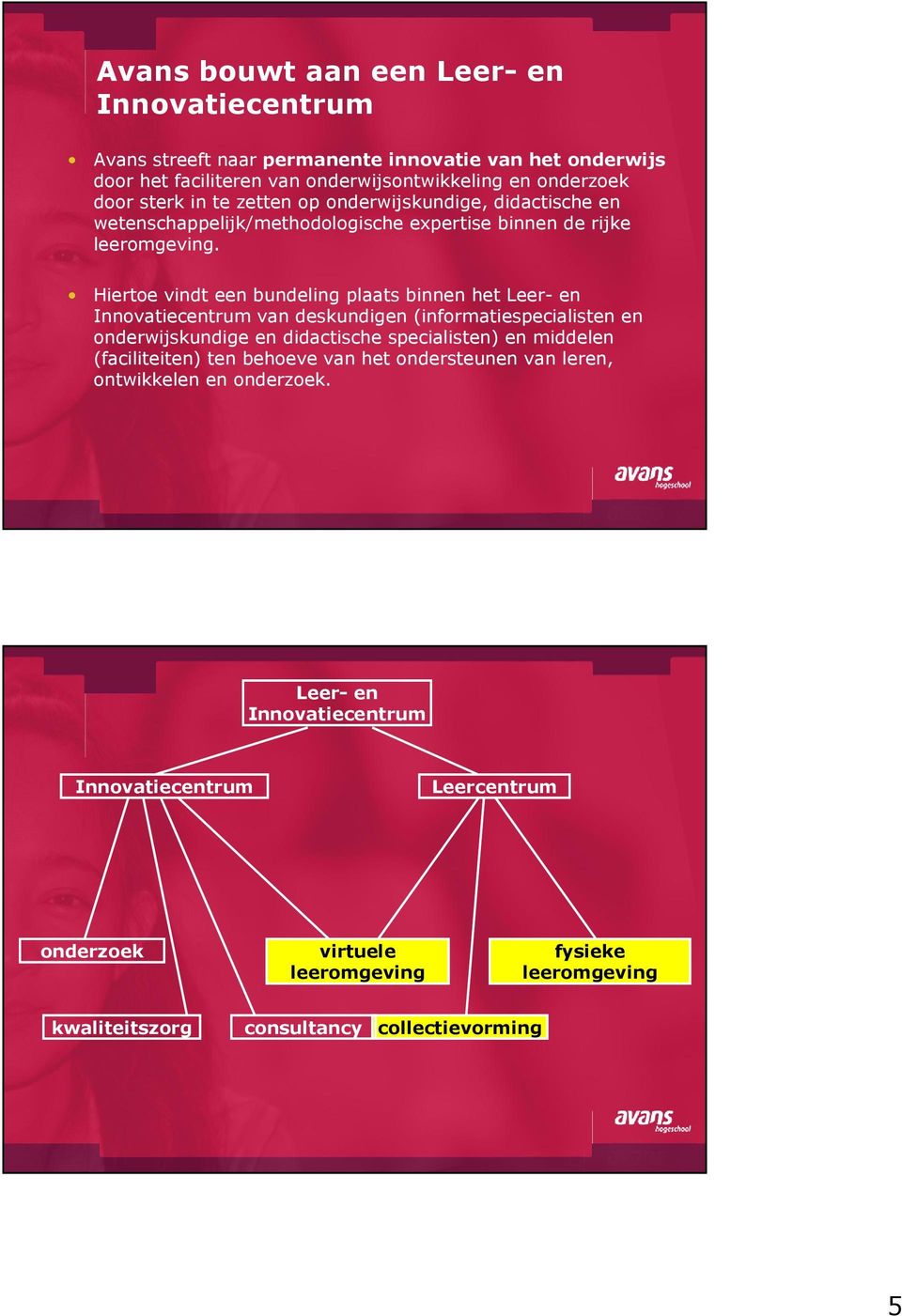 Hiertoe vindt een bundeling plaats binnen het Leer- en Innovatiecentrum van deskundigen (informatiespecialisten en onderwijskundige en didactische specialisten) en middelen