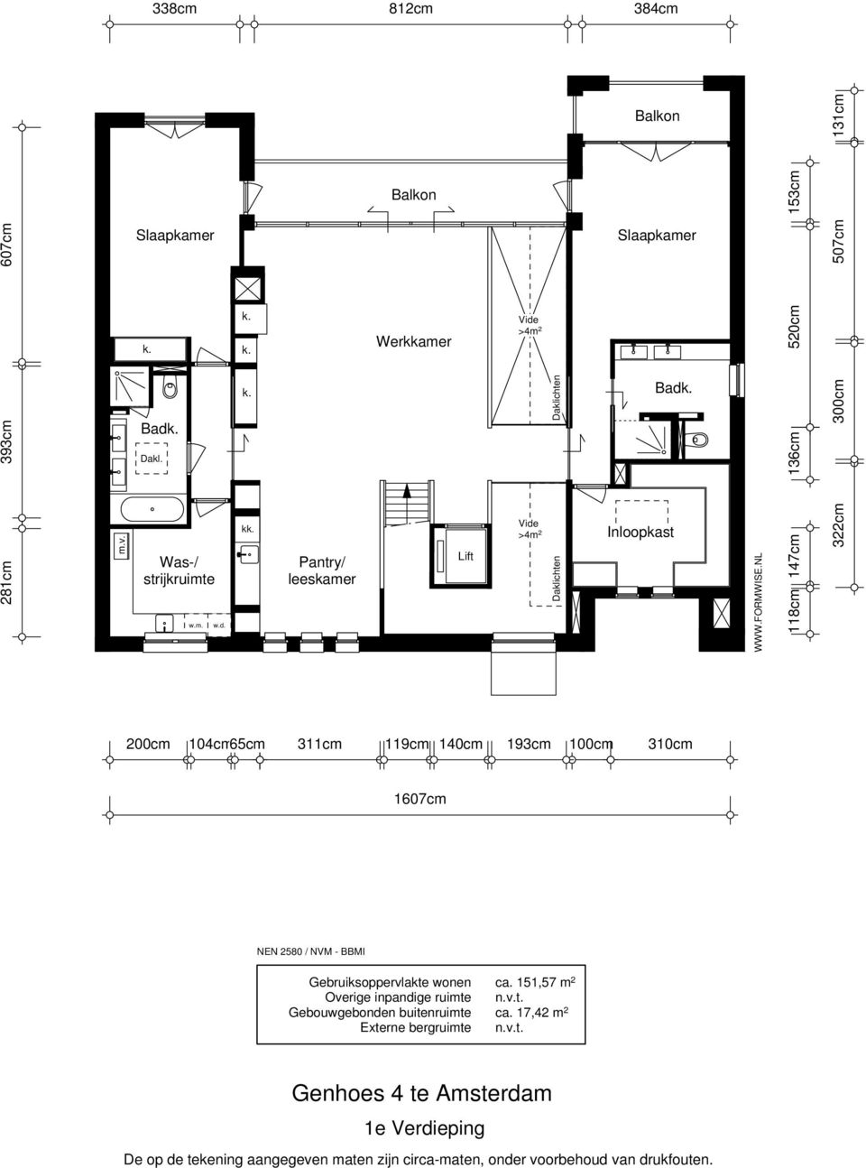 NL 118cm 147cm 136cm 520cm 507cm 322cm 300cm 200cm 104cm65cm 311cm 119cm 140cm 193cm 100cm 310cm 1607cm NEN 2580 / NVM - BBMI Gebruiksoppervlakte wonen
