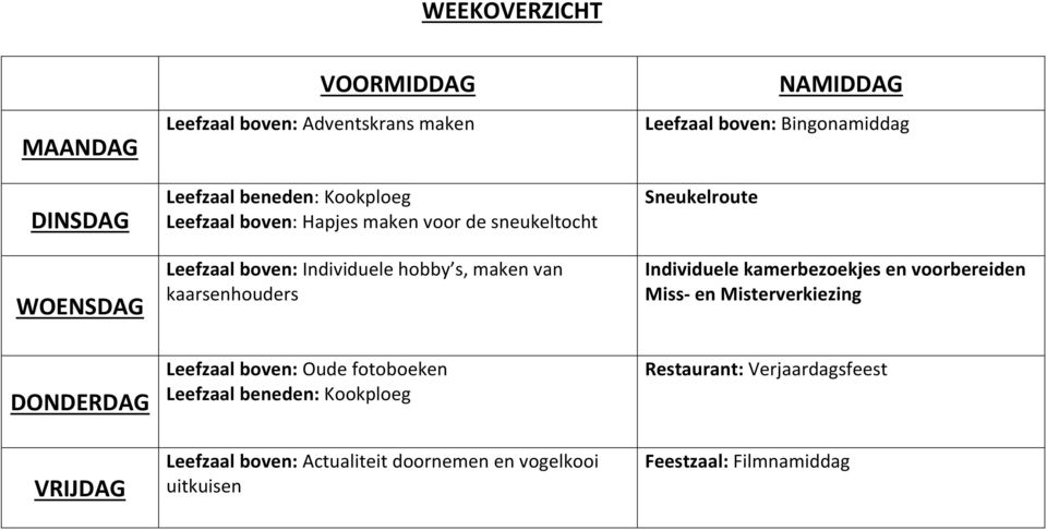 Sneukelroute Individuele kamerbezoekjes en voorbereiden Miss en Misterverkiezing DONDERDAG VRIJDAG Leefzaal boven: Oude fotoboeken