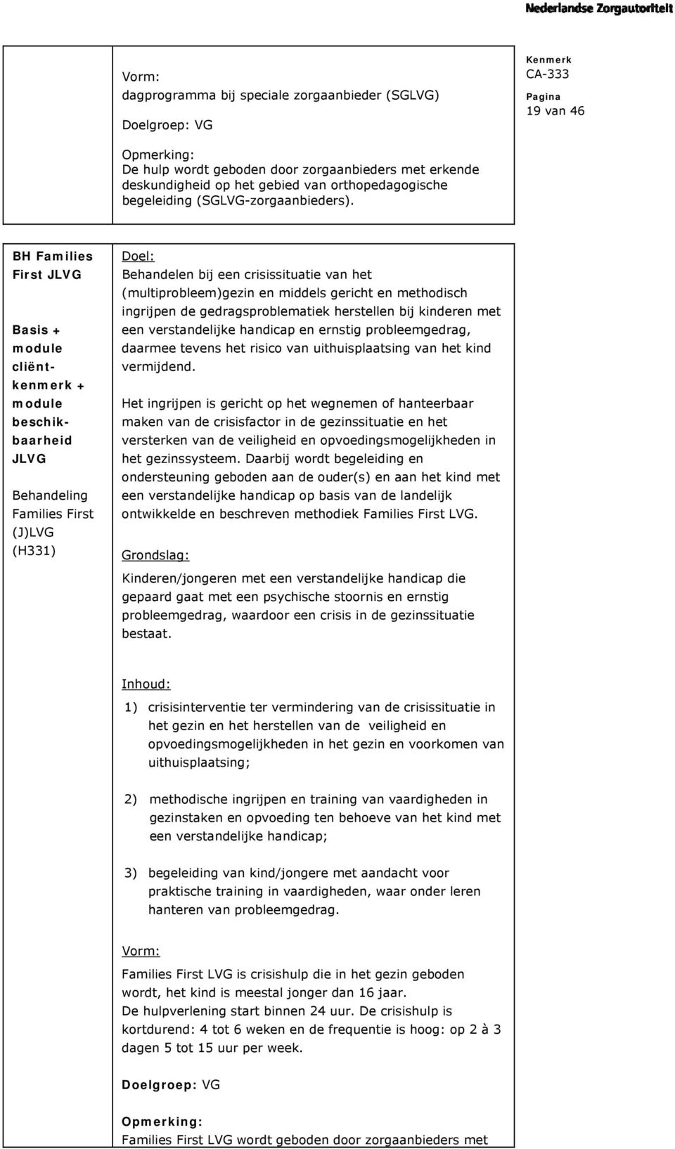 BH Families First JLVG cliëntkenmerk + beschikbaarheid JLVG Behandeling Families First (J)LVG (H331) Do el: Behandelen bij een crisissituatie van het (multiprobleem)gezin en middels gericht en