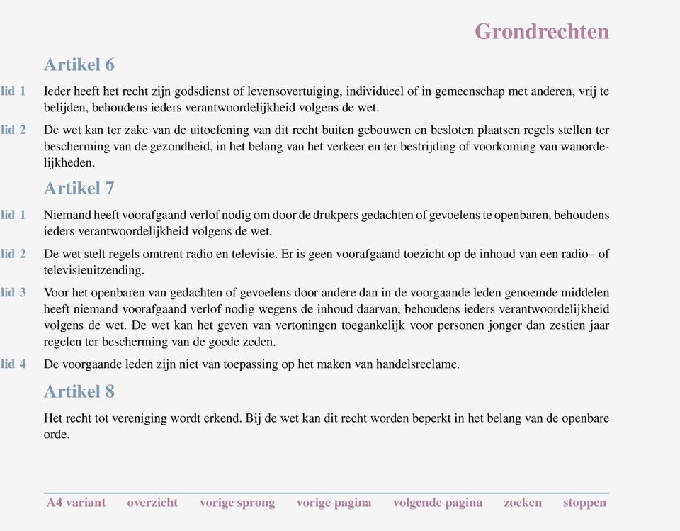 voorkoming van wanordelijkheden. Artikel 7 Niemand heeft voorafgaand verlof nodig om door de drukpers gedachten of gevoelens te openbaren, behoudens ieders verantwoordelijkheid volgens de wet.