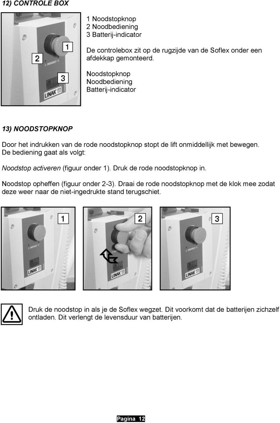 De bediening gaat als volgt: Noodstop activeren (figuur onder 1). Druk de rode noodstopknop in. Noodstop opheffen (figuur onder 2-3).