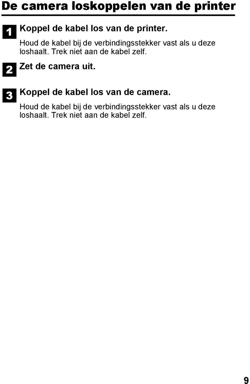 Trek niet aan de kabel zelf. Zet de camera uit.