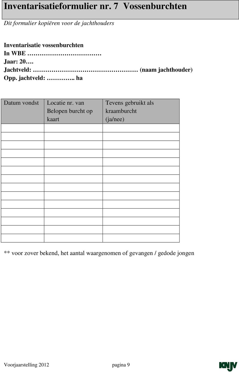 WBE Jaar: 20. Jachtveld: (naam jachthouder) Opp. jachtveld:.. ha Datum vondst Locatie nr.