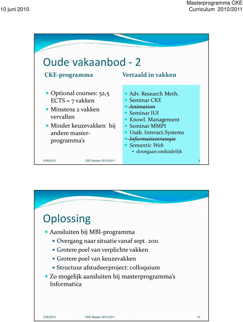 Systems Informatiestrategie Semantic Web doorgaan onduidelijk 9 Oplossing Aansluiten bij MBI-programma Overgang naar situatie vanaf sept.