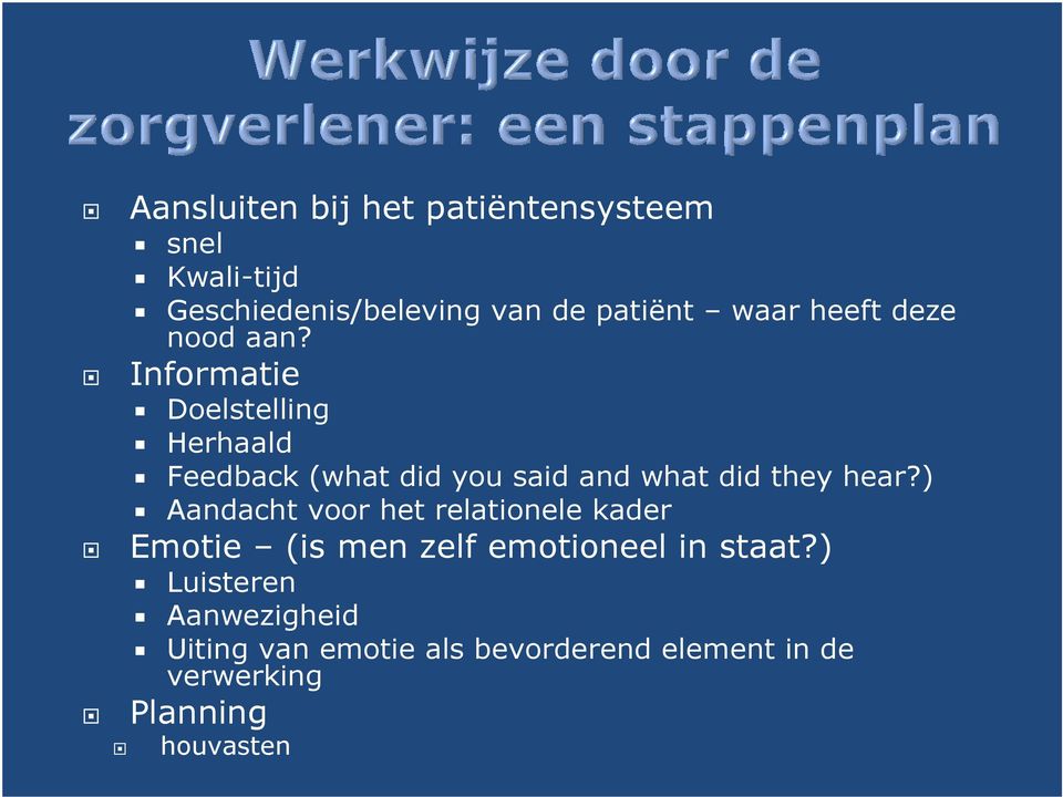 Informatie Doelstelling Herhaald Feedback (what did you said and what did they hear?
