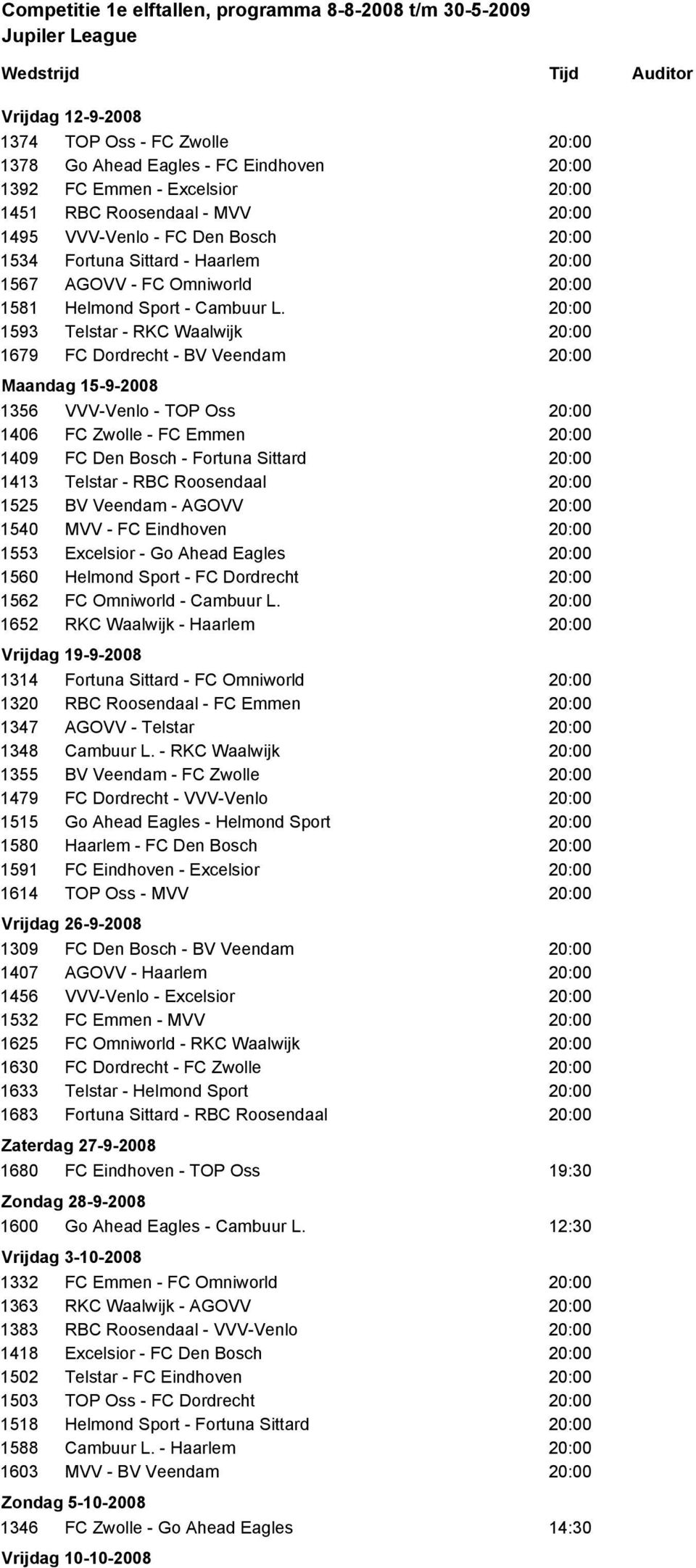 1593 Telstar - RKC Waalwijk 1679 FC Dordrecht - BV Veendam Maandag 15-9-2008 1356 VVV-Venlo - TOP Oss 1406 FC Zwolle - FC Emmen 1409 FC Den Bosch - Fortuna Sittard 1413 Telstar - RBC Roosendaal 1525