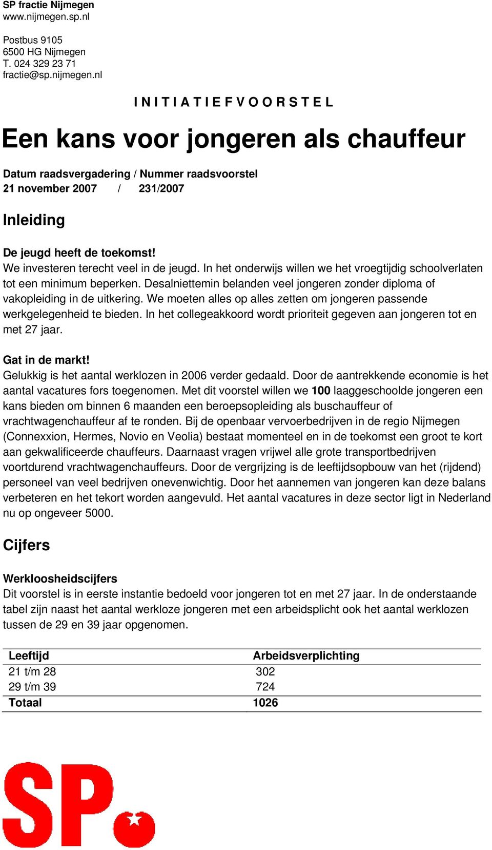 nl I N I T I A T I E F V O O R S T E L Een kans voor jongeren als chauffeur Datum raadsvergadering / Nummer raadsvoorstel 21 november 2007 / 231/2007 Inleiding De jeugd heeft de toekomst!