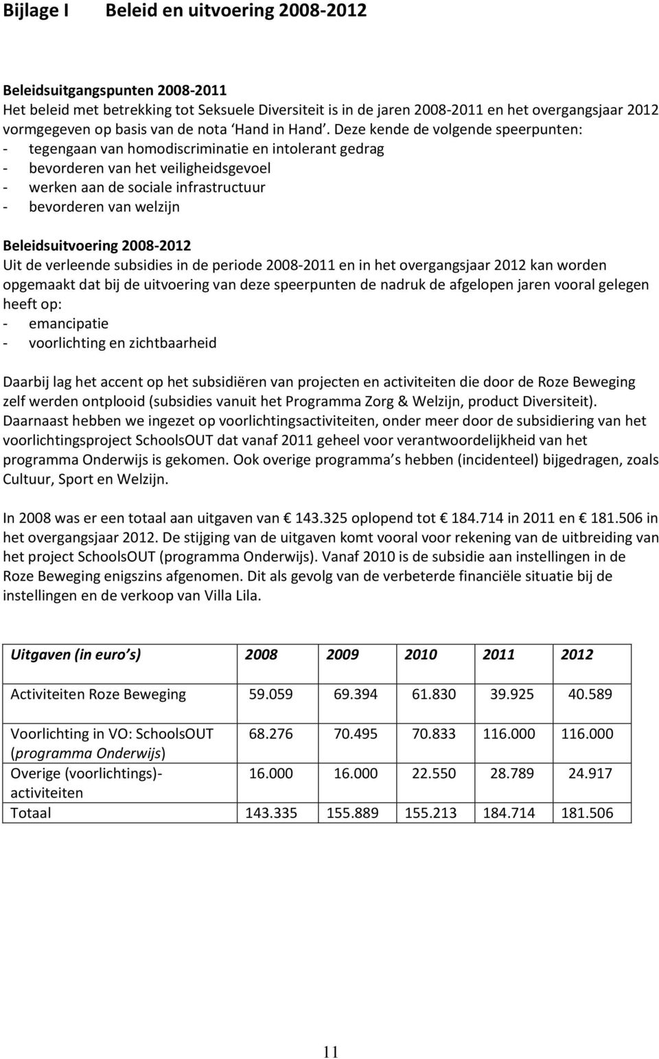 Deze kende de volgende speerpunten: - tegengaan van homodiscriminatie en intolerant gedrag - bevorderen van het veiligheidsgevoel - werken aan de sociale infrastructuur - bevorderen van welzijn