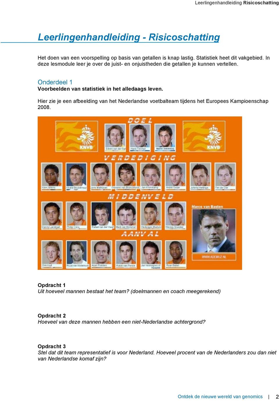 Hier zie je een afbeelding van het Nederlandse voetbalteam tijdens het Europees Kampioenschap 2008. Opdracht 1 Uit hoeveel mannen bestaat het team?