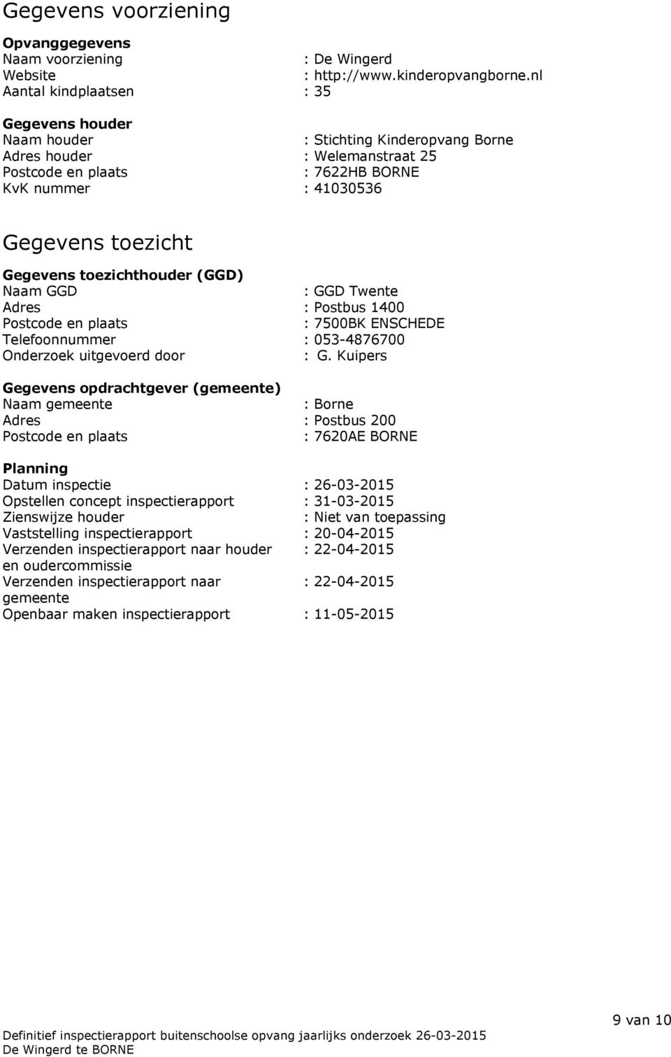 Gegevens toezichthouder (GGD) Naam GGD : GGD Twente Adres : Postbus 1400 Postcode en plaats : 7500BK ENSCHEDE Telefoonnummer : 053-4876700 Onderzoek uitgevoerd door : G.