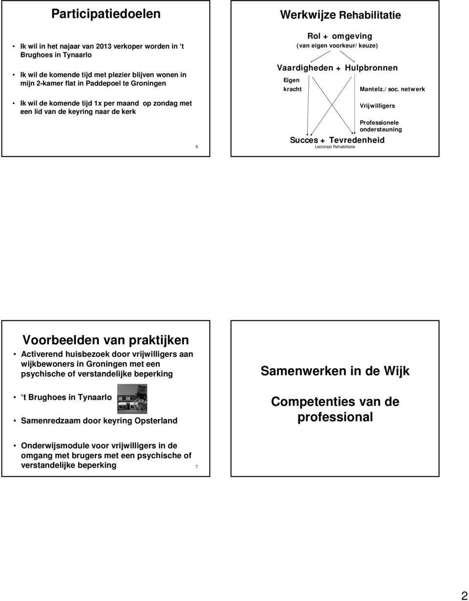 netwerk Vrijwilligers Professionele ondersteuning Succes + Tevredenheid Voorbeelden van praktijken Activerend huisbezoek door vrijwilligers aan wijkbewoners in Groningen met een psychische of