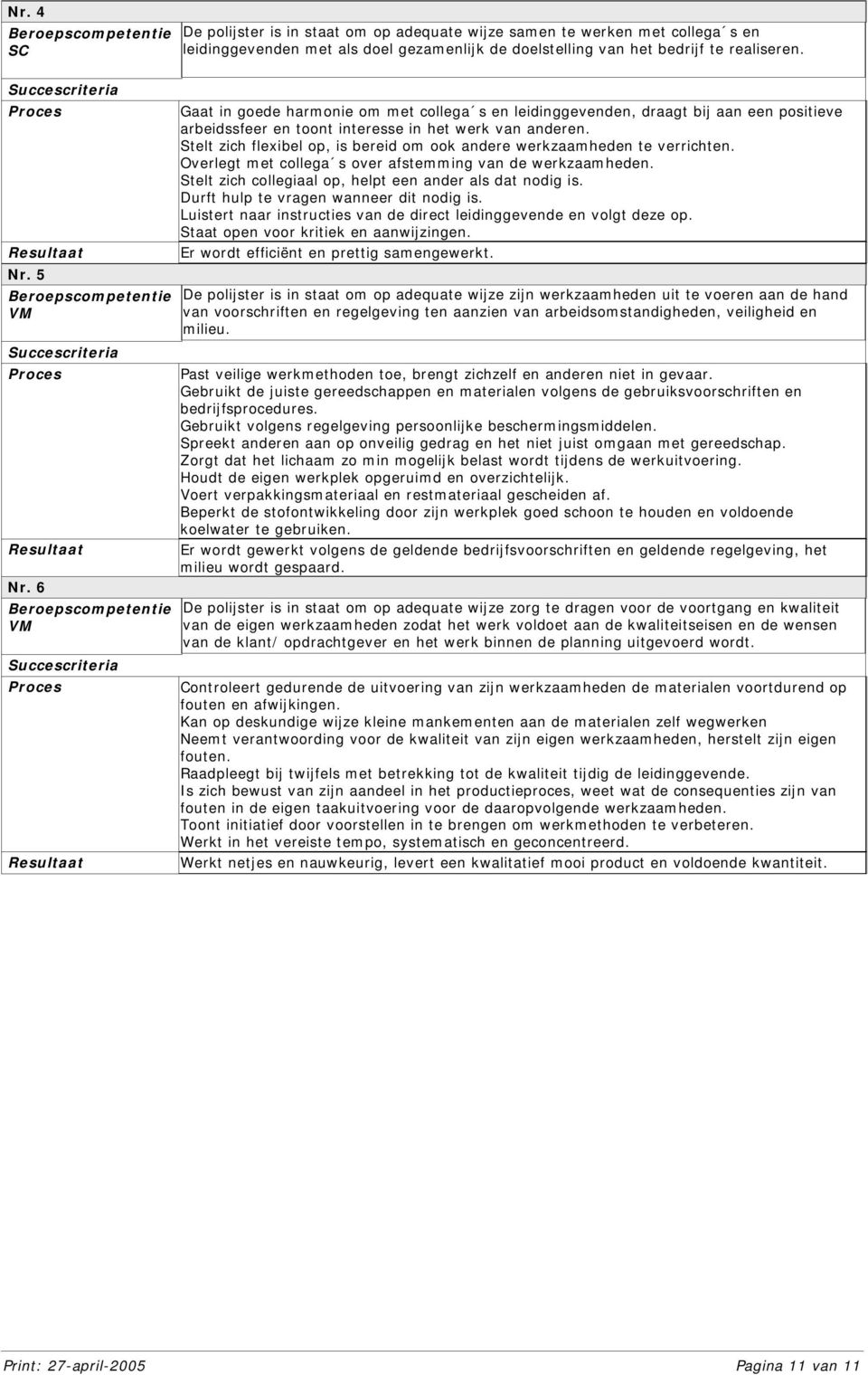 Stelt zich flexibel op, is bereid om ook andere werkzaamheden te verrichten. Overlegt met collega s over afstemming van de werkzaamheden. Stelt zich collegiaal op, helpt een ander als dat nodig is.