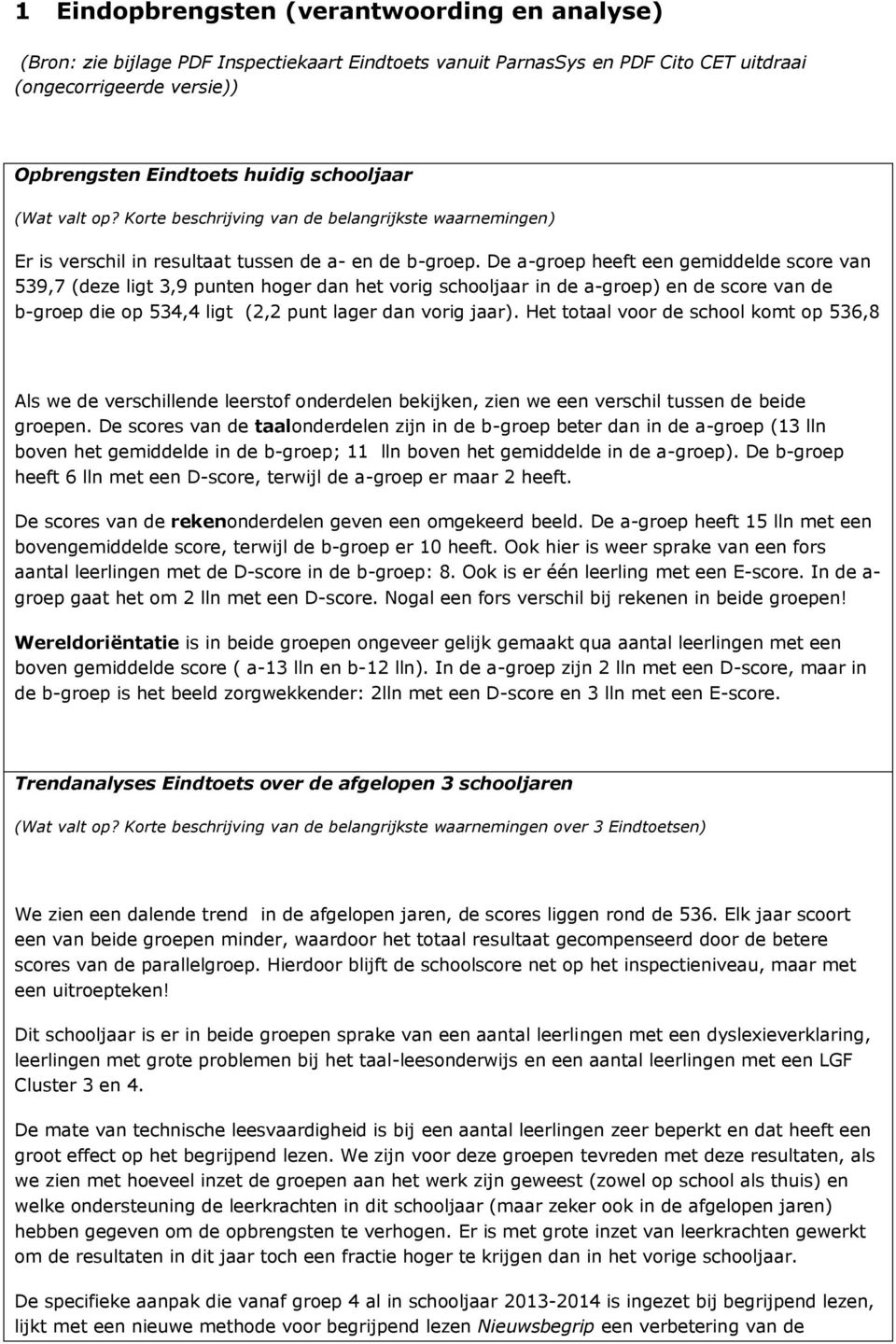 De a-groep heeft een gemiddelde score van 539,7 (deze ligt 3,9 punten hoger dan het vorig schooljaar in de a-groep) en de score van de b-groep die op 534,4 ligt (2,2 punt lager dan vorig jaar).