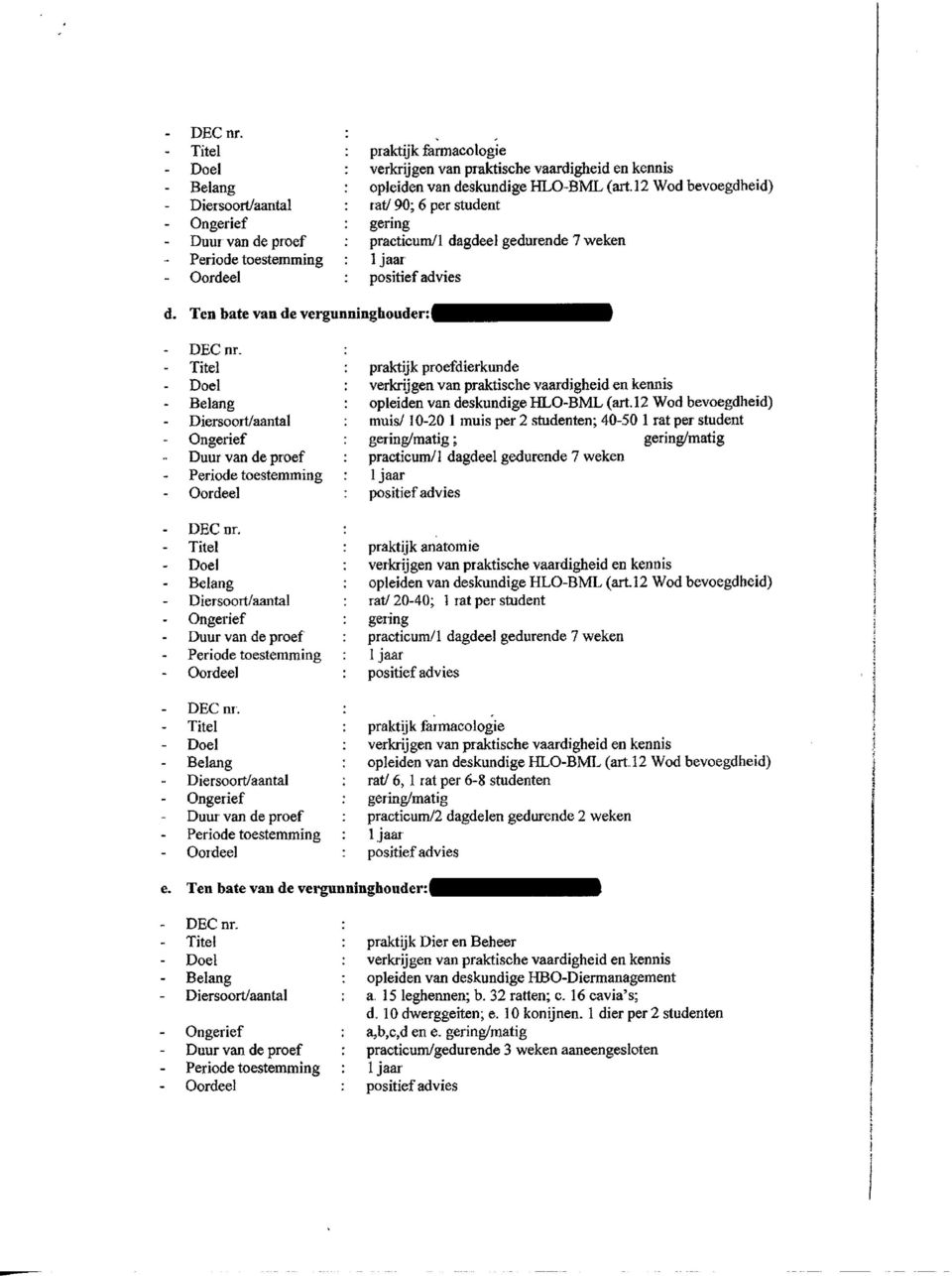 rat per student practicum/1 dagdeel gedurende 7 weken praktijk farmacologie opleiden van deskundige HLO-BML (art.