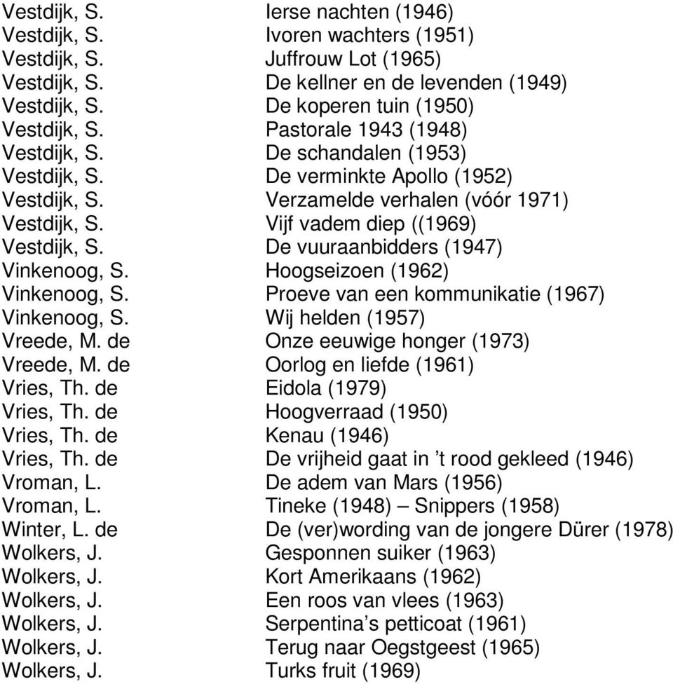 De vuuraanbidders (1947) Vinkenoog, S. Hoogseizoen (1962) Vinkenoog, S. Proeve van een kommunikatie (1967) Vinkenoog, S. Wij helden (1957) Vreede, M. de Onze eeuwige honger (1973) Vreede, M.