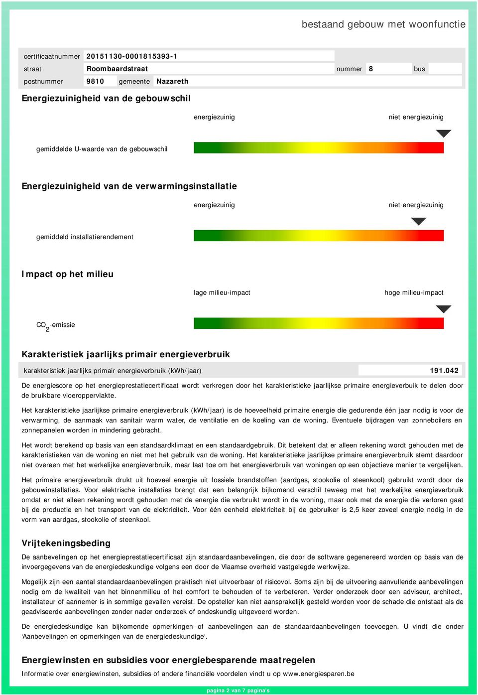 (kwh/jaar) 191.042 De energiescore op het energieprestatiecertificaat wordt verkregen door het karakteristieke jaarlijkse primaire energieverbuik te delen door de bruikbare vloeroppervlakte.