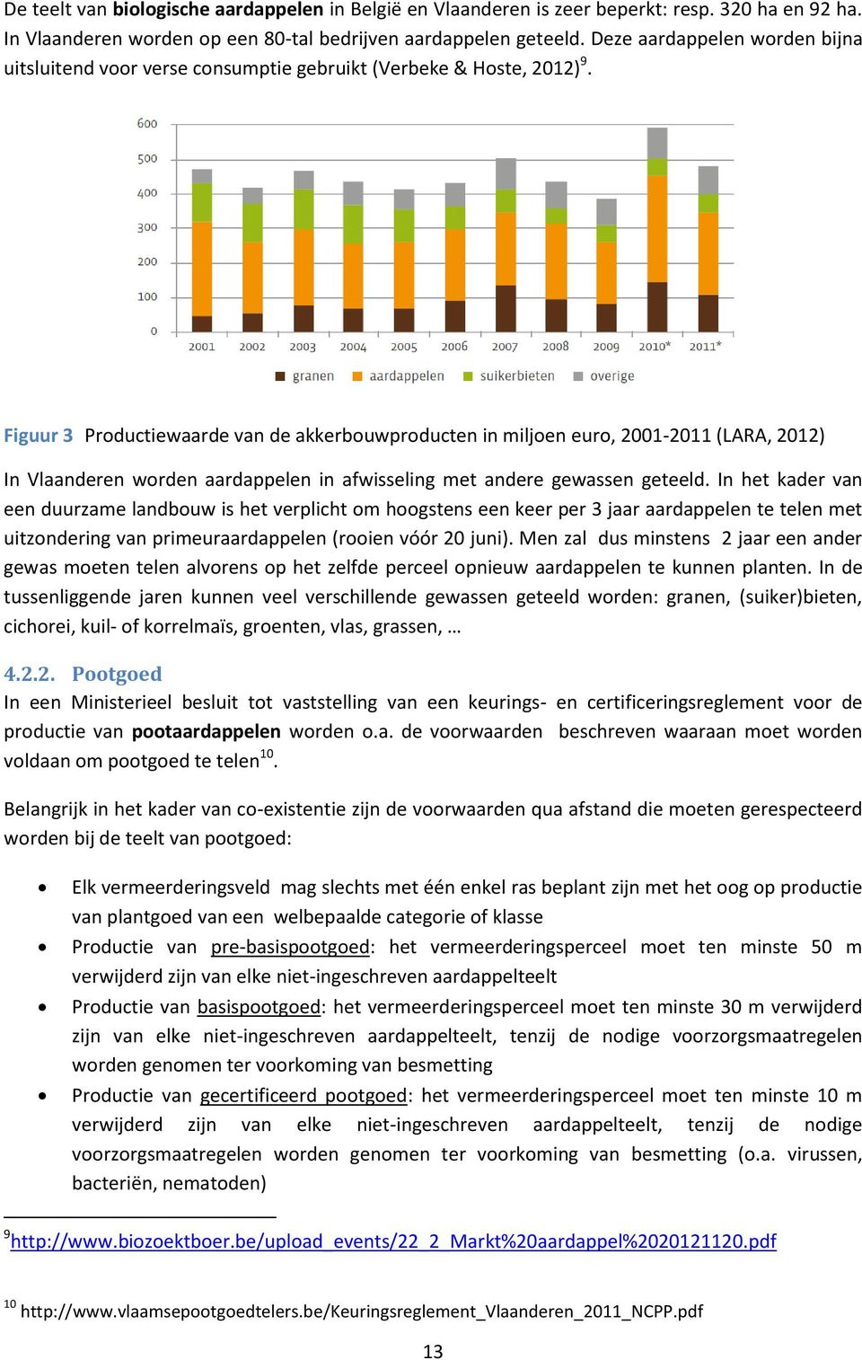 Figuur 3 Productiewaarde van de akkerbouwproducten in miljoen euro, 2001-2011 (LARA, 2012) In Vlaanderen worden aardappelen in afwisseling met andere gewassen geteeld.