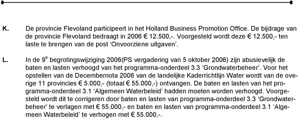 In de 9 e begrotingswijziging 2006(PS vergadering van 5 oktober 2006) zijn abusievelijk de baten en lasten verhoogd van het programma-onderdeel 3.3 Grondwaterbeheer.