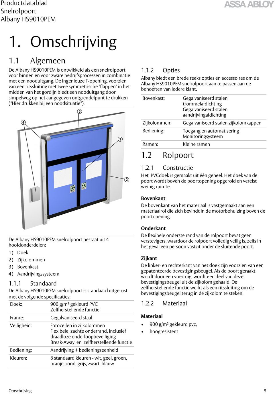 ("Hier drukken bij een noodsituatie"). 1.1.2 Opties Albany biedt een brede reeks opties en accessoires om de snelrolpoort aan te passen aan de behoeften van iedere klant.