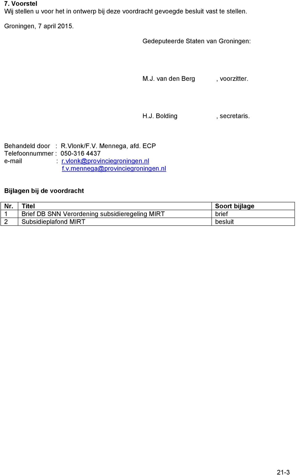 ECP Telefoonnummer : 050-316 4437 e-mail : r.vlonk@provinciegroningen.nl f.v.mennega@provinciegroningen.