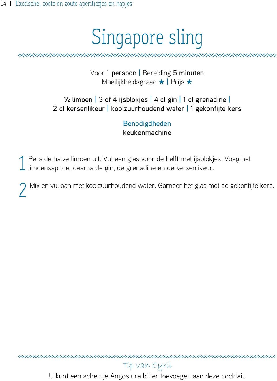 uit. Vul een glas voor de helft met ijsblokjes. Voeg het 1limoensap toe, daarna de gin, de grenadine en de kersenlikeur.