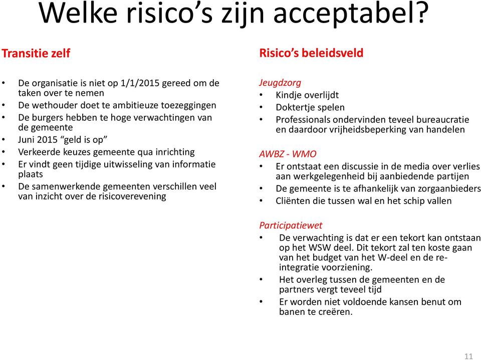 is op Verkeerde keuzes gemeente qua inrichting Er vindt geen tijdige uitwisseling van informatie plaats De samenwerkende gemeenten verschillen veel van inzicht over de risicoverevening Risico s