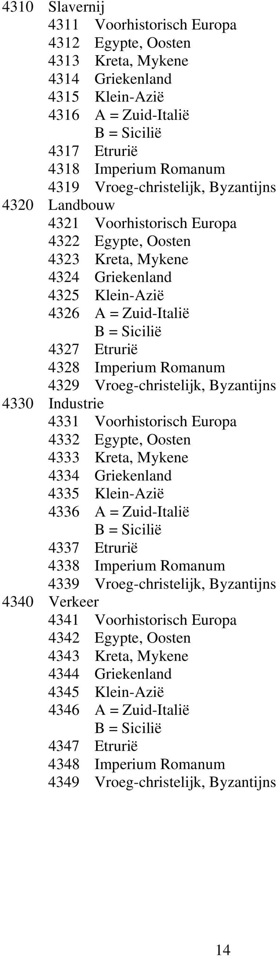 Vroeg-christelijk, Byzantijns 4330 Industrie 4331 Voorhistorisch Europa 4332 Egypte, Oosten 4333 Kreta, Mykene 4334 Griekenland 4335 Klein-Azië 4336 A = Zuid-Italië 4337 Etrurië 4338 Imperium Romanum